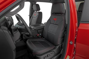 Chevy Silverado 1500 Leather Seat Covers - Front + Rear - Rough Country - Premium with Sport-Inspired Details - Leather with Red Accent Stitching - '19-'26